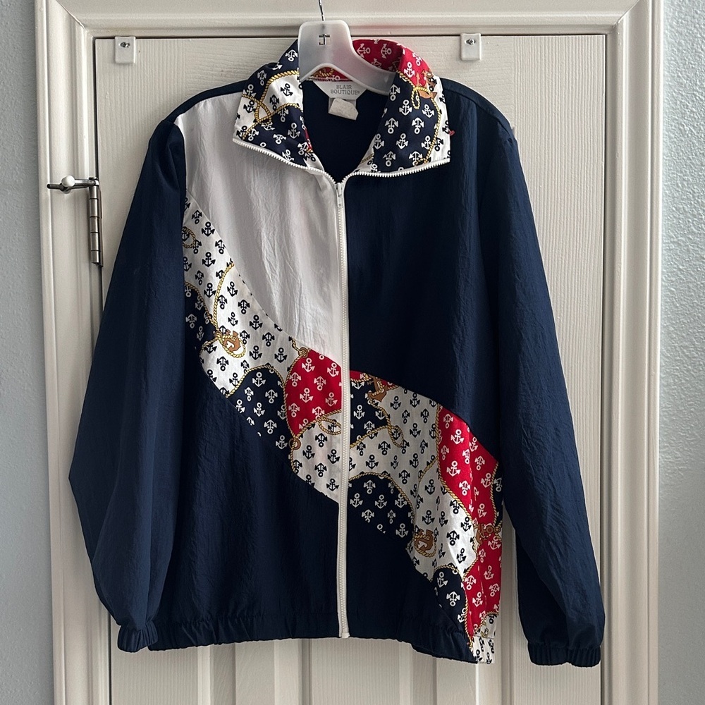 Vintage Nautical Coastal Navy Colorblock Retro Full Zip Windbreaker L Preppy